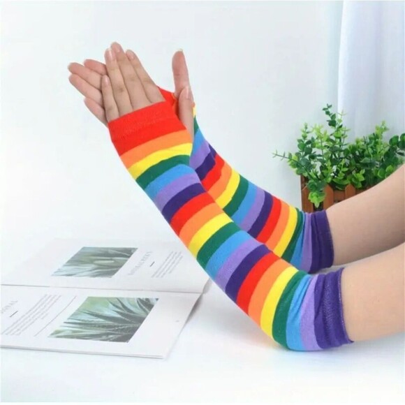 Rainbow fingerless gloves sleeves thumb hole multicolor accessory - Picture 4 of 6